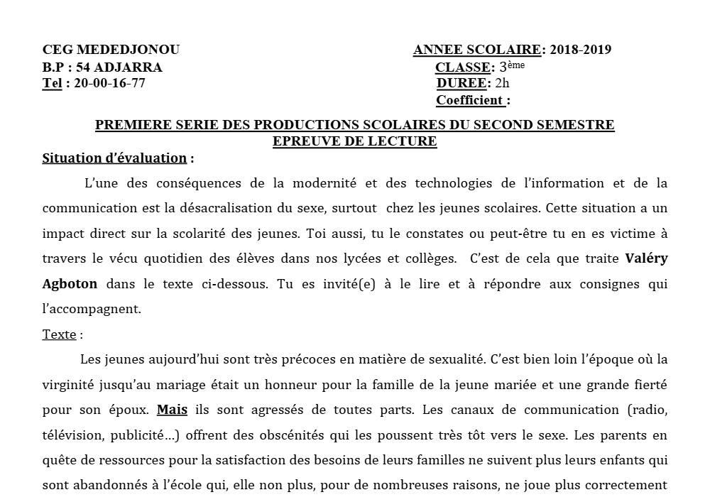 Aperçu de la première page — 3ème Lecture 1er Devoir 2ème Semestre CEG Mededjonou 2018 2019