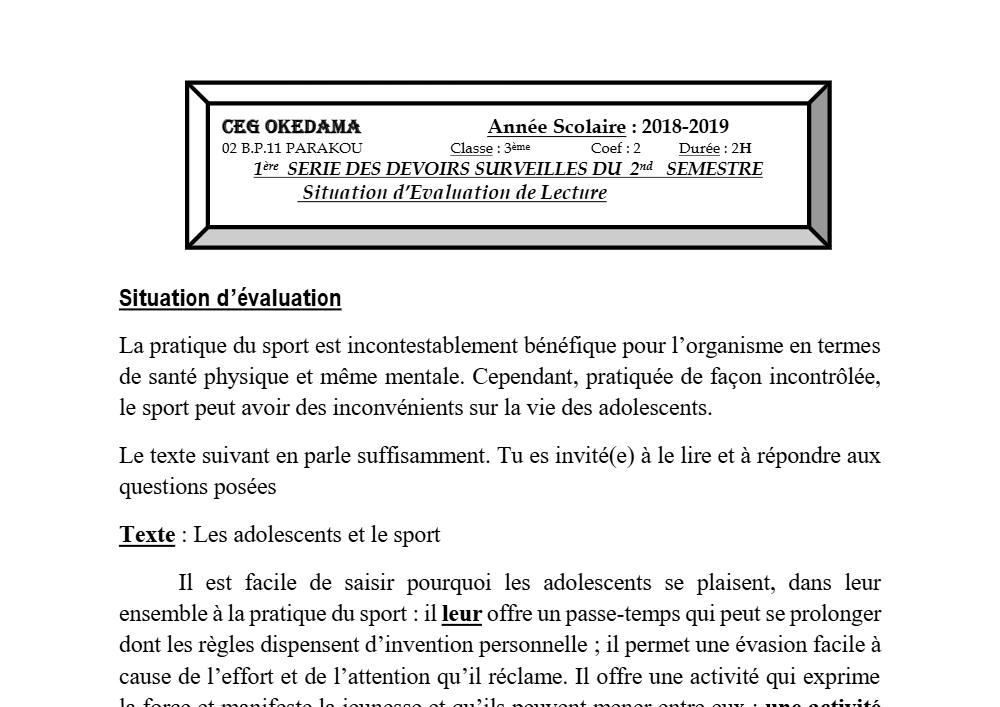 Aperçu de la première page — 3ème Lecture 1er Devoir 2ème Semestre CEG Okedama 2018 2019