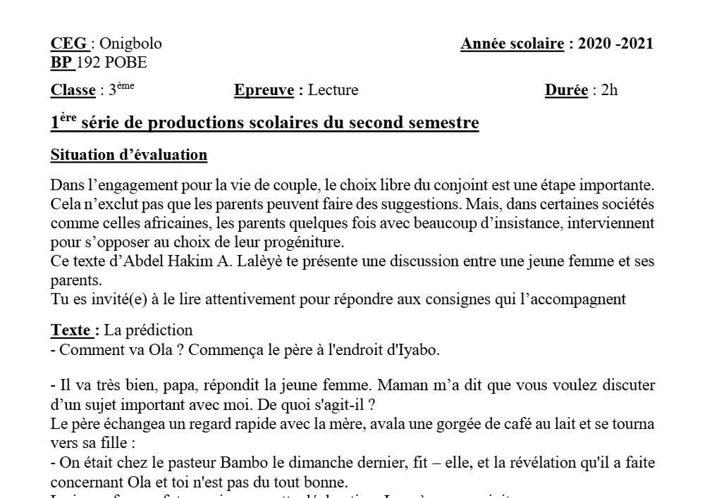 Aperçu de la première page — 3ème Lecture 1er Devoir 2ème Semestre CEG Onigbolo 2020 2021