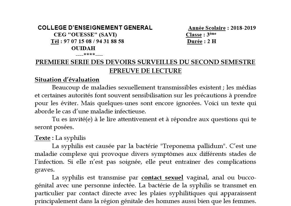 Aperçu de la première page — 3ème Lecture 1er Devoir 2ème Semestre CEG Ouesse 2018 2019