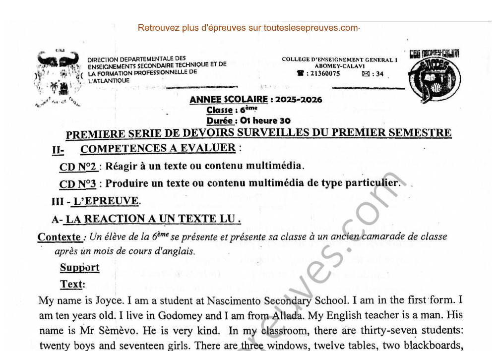 Aperçu de la première page — Anglais 6ème – 1er Devoir du 1er Semestre 2025 2026 – Compréhension et production écrite – CEG 1 Abomey Calavi