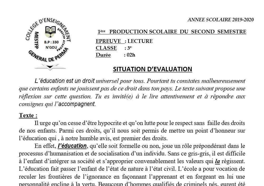 Aperçu de la première page — 3ème Lecture 1er Devoir 2ème Semestre CEG Perma 2019 2020