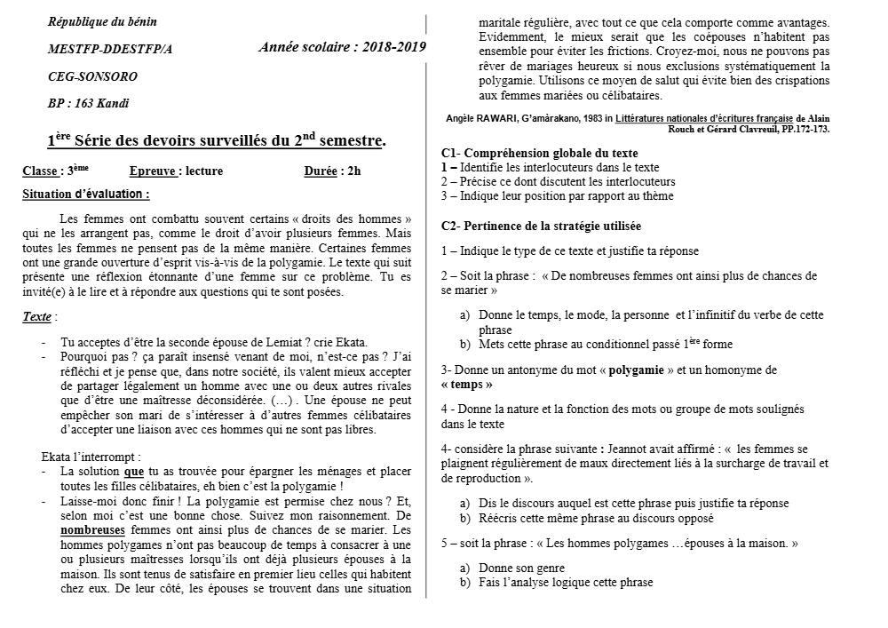 Aperçu de la première page — 3ème Lecture 1er Devoir 2ème Semestre CEG Sonsoro 2018 2019