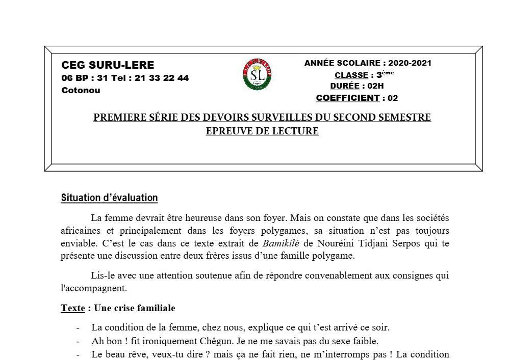 Aperçu de la première page — 3ème Lecture 1er Devoir 2ème Semestre CEG Suru Léré 2020 2021