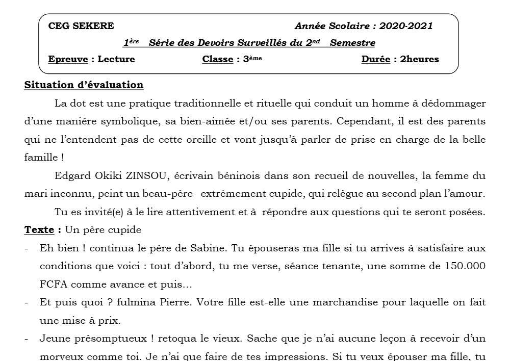 Aperçu de la première page — 3ème Lecture 1er Devoir 2ème Semestre CEG Sékéré 2020 2021