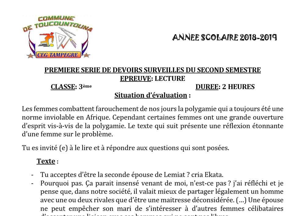 Aperçu de la première page — 3ème Lecture 1er Devoir 2ème Semestre CEG Tampegre 2018 2019