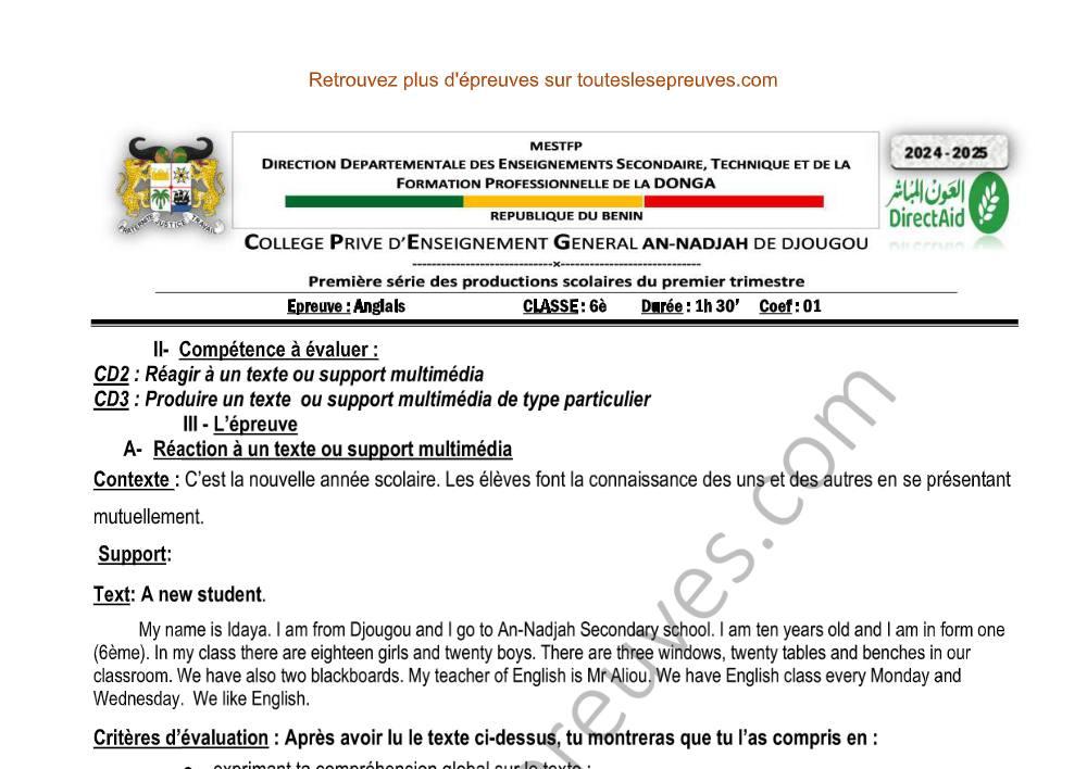 Aperçu de la première page — Anglais 6ème – 1er Devoir du 1er Trimestre 2024 – Présentation d’un nouvel élève – CPEG An Nadjah Djougou