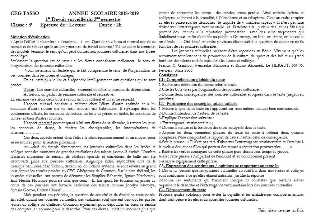 Aperçu de la première page — 3ème Lecture 1er Devoir 2ème Semestre CEG Tasso 2018 2019