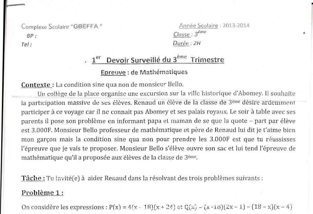 Aperçu de la première page — 3ème Mathématiques 1er Devoir CS Gbeffa 3ieme 2013 2014