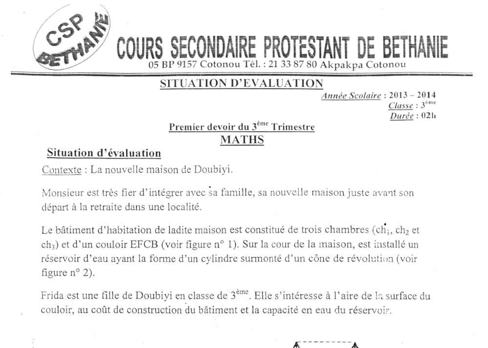 Aperçu de la première page — 3ème Mathématiques 1er Devoir CSP Béthanie Trimestes 2013 2014