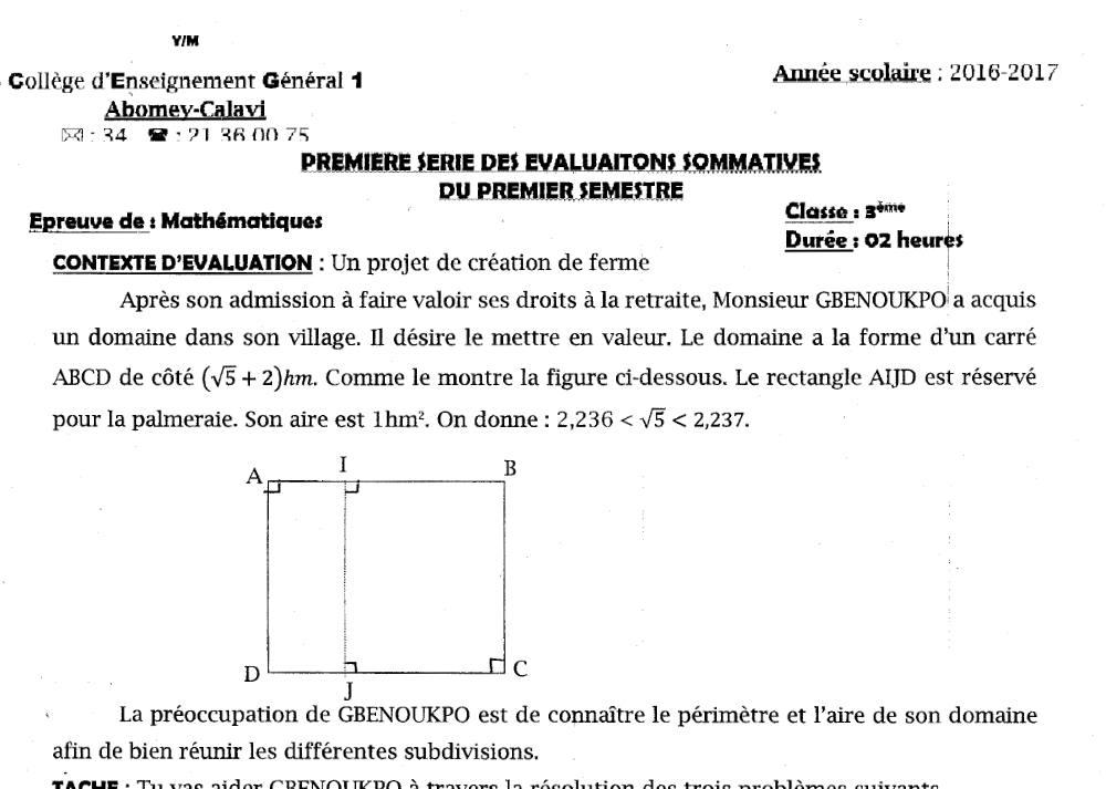 Aperçu de la première page — 3ème Mathématiques 1er Devoir 1er Semestre Abomey Calavi 2016 2017