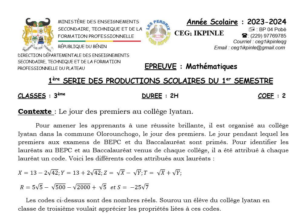 Aperçu de la première page — 3ème Mathématiques 1er Devoir 1er Semestre CEG1 Ikpinlè 2023 2024