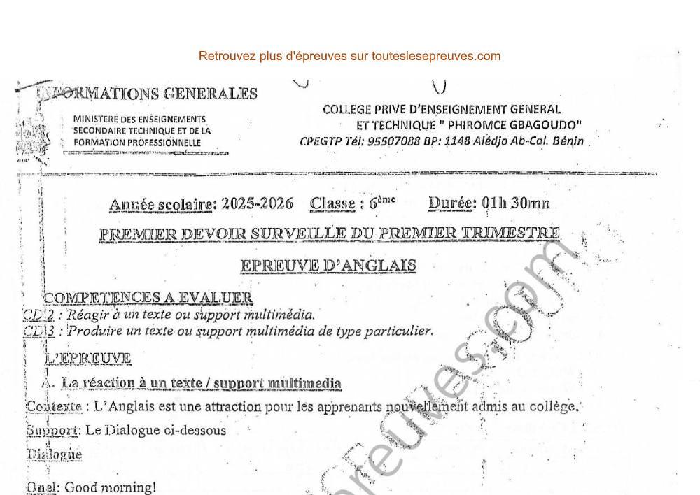 Aperçu de la première page — Anglais 6ème – 1er Devoir du 1er Trimestre 2025 2026 – Dialogue et Présentation personnelle – CPEGTP Phiromce Gbagaudo