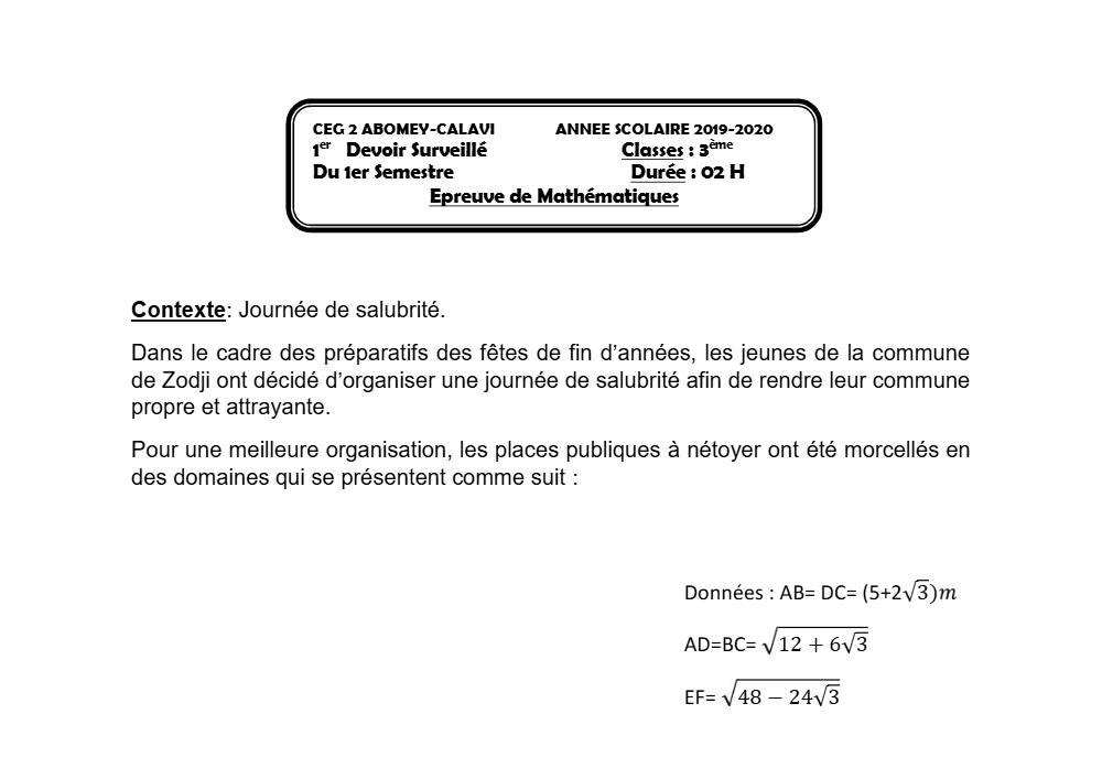 Aperçu de la première page — 3ème Mathématiques 1er Devoir 1er Semestre CEG2 Abomey Calavi 2019 2020