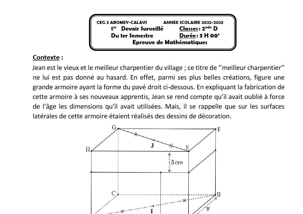 Aperçu de la première page — 3ème Mathématiques 1er Devoir 1er Semestre CEG2 Abomey Calavi 2022 2023