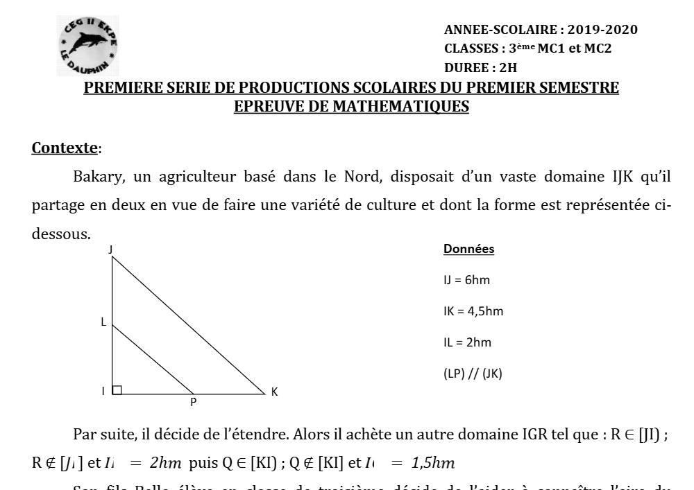 Aperçu de la première page — 3ème Mathématiques 1er Devoir 1er Semestre CEG2 Ekpe 2019 2020