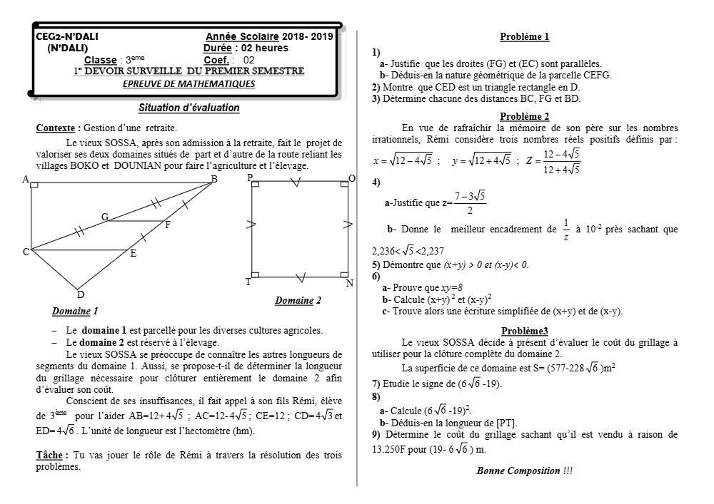Aperçu de la première page — 3ème Mathématiques 1er Devoir 1er Semestre CEG2 N'Dali 2018 2019