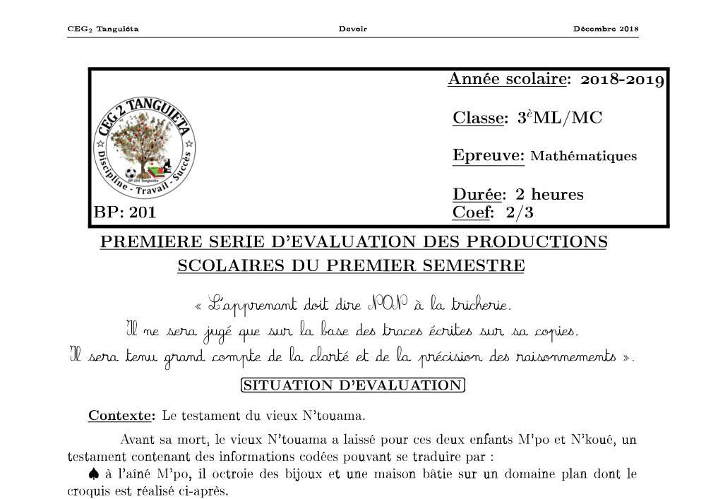 Aperçu de la première page — 3ème Mathématiques 1er Devoir 1er Semestre CEG2 Tanguieta 2018 2019