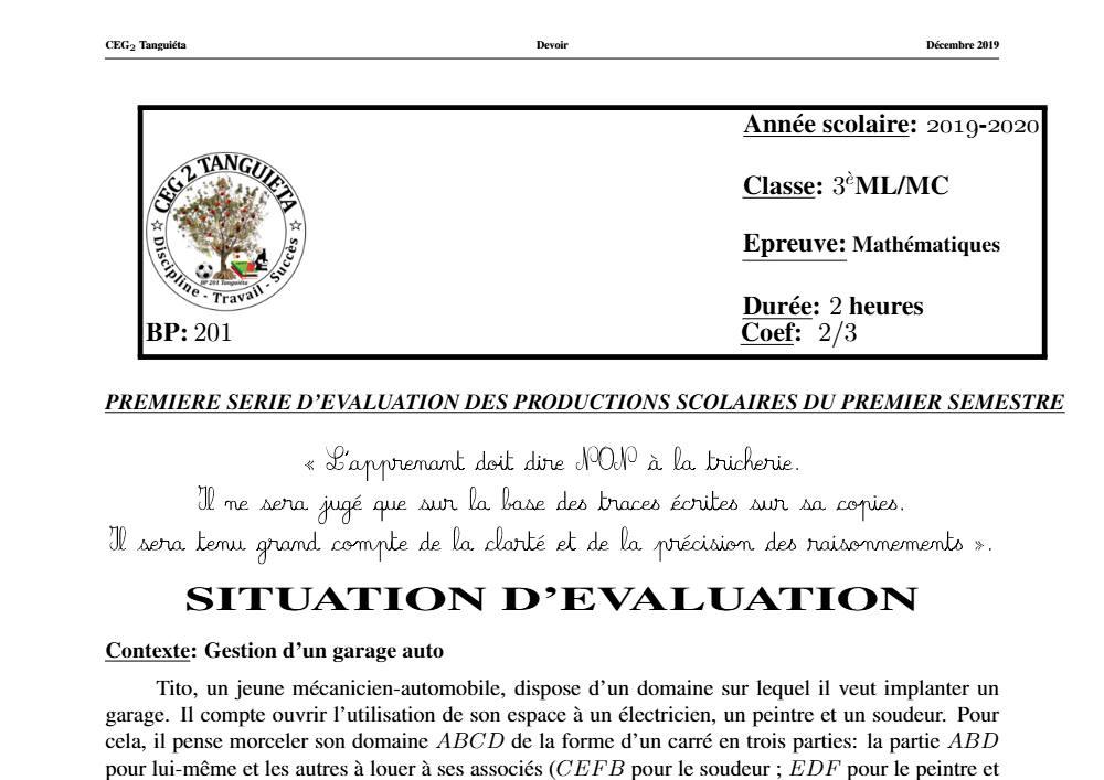 Aperçu de la première page — 3ème Mathématiques 1er Devoir 1er Semestre CEG2 Tanguieta 2019 2020