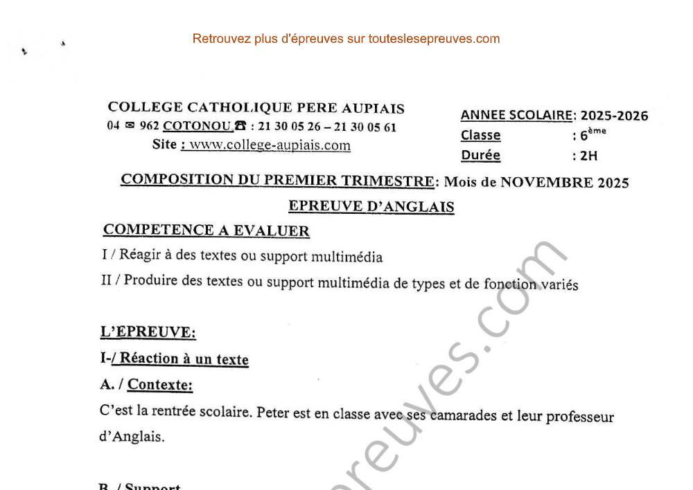 Aperçu de la première page — Anglais 6ème – Composition du 1er trimestre 2025 2026 – Compréhension et production écrite sur la rentrée scolaire et la classe de Peter – Collège Catholique Père Aupiais
