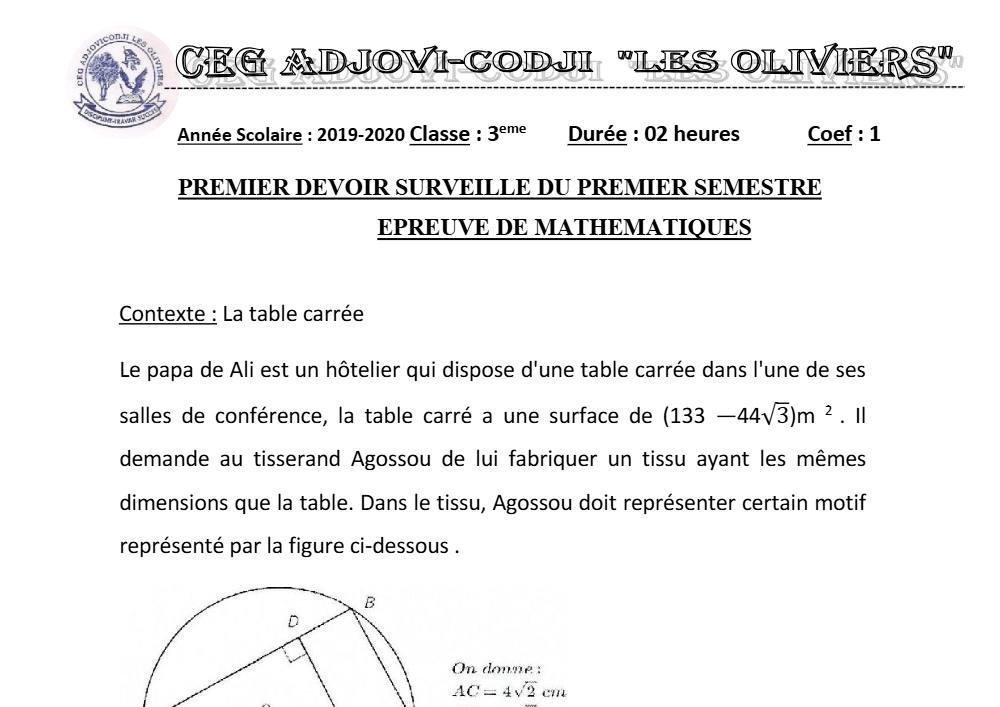 Aperçu de la première page — 3ème Mathématiques 1er Devoir 1er Semestre CEG Adjovi Codji 2019 2020
