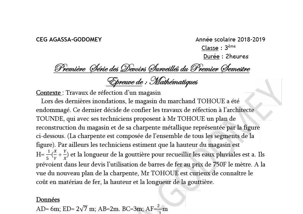Aperçu de la première page — 3ème Mathématiques 1er Devoir 1er Semestre CEG Agassa Godomey 2018 2019