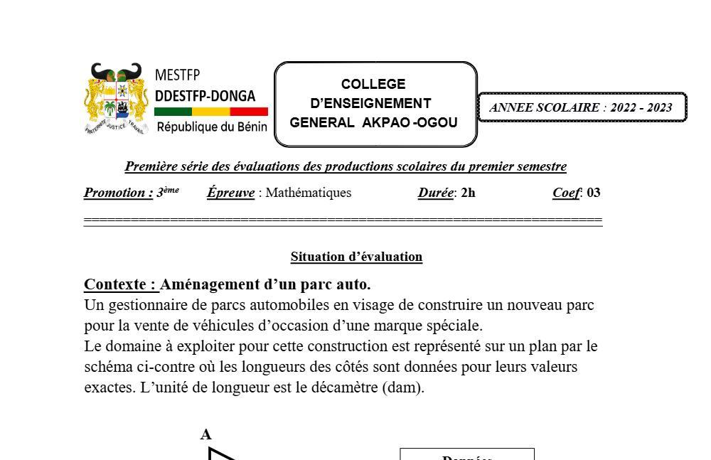 Aperçu de la première page — 3ème Mathématiques 1er Devoir 1er Semestre CEG Akpao Ogou 2022 2023