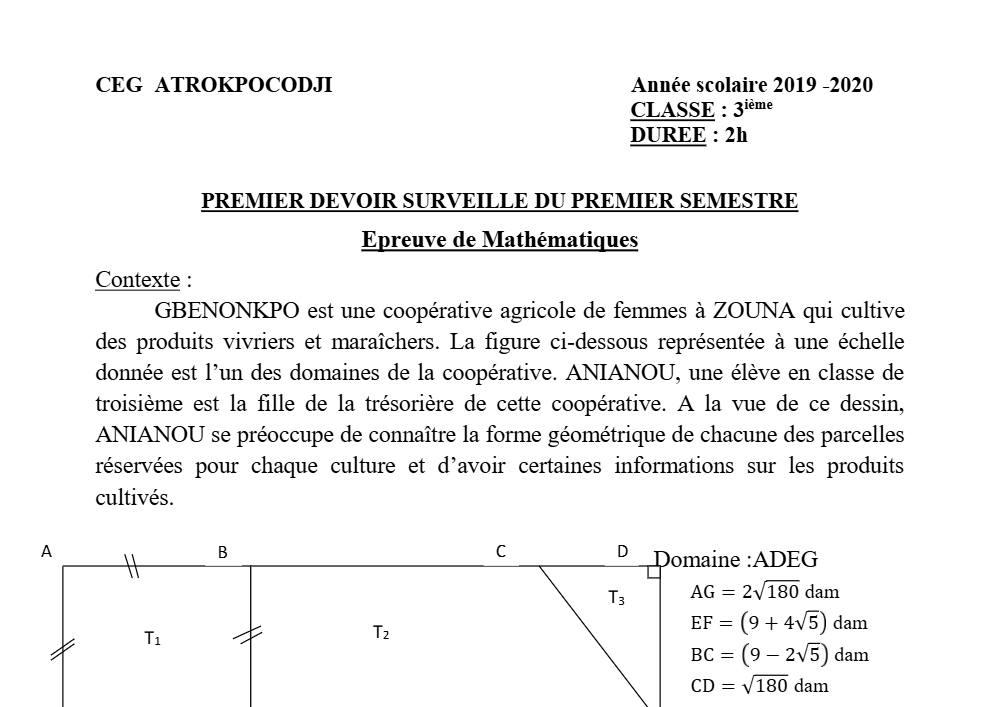 Aperçu de la première page — 3ème Mathématiques 1er Devoir 1er Semestre CEG Atrokpocodji 2019 2020