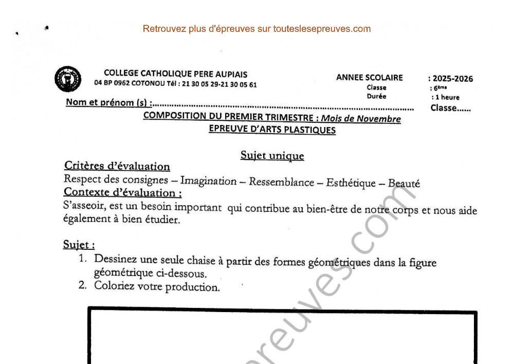 Aperçu de la première page — Arts Plastiques 6ème – Composition du 1er trimestre 2025 2026 – Dessin géométrique d’une chaise – Collège Catholique Père Aupiais
