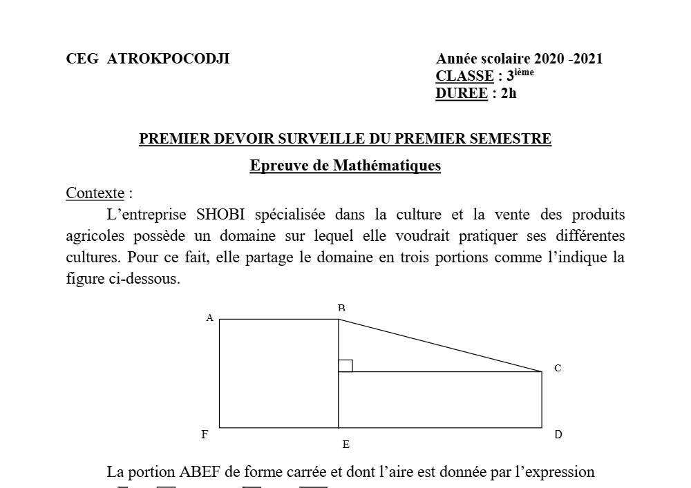 Aperçu de la première page — 3ème Mathématiques 1er Devoir 1er Semestre CEG Atrokpocodji 2020 2021