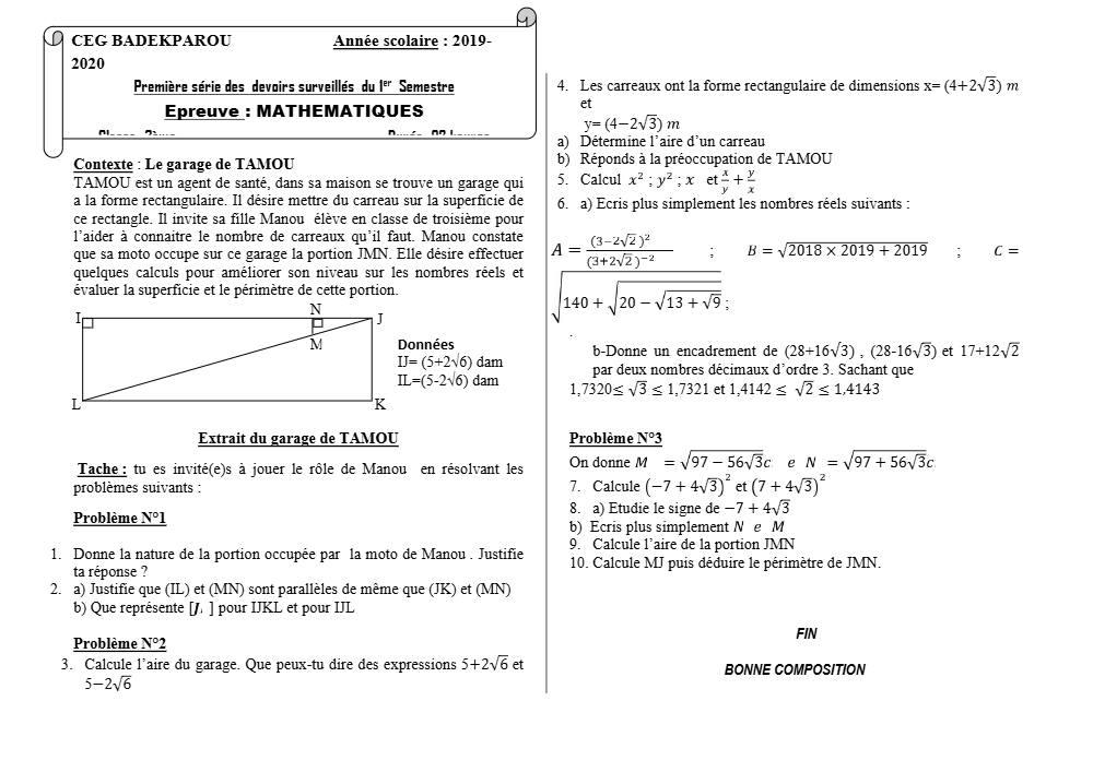 Aperçu de la première page — 3ème Mathématiques 1er Devoir 1er Semestre CEG Badekparou 2019 2020