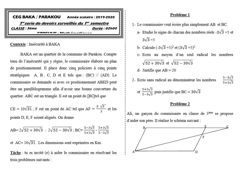 Aperçu de la première page — 3ème Mathématiques 1er Devoir 1er Semestre CEG Baka 2019 2020
