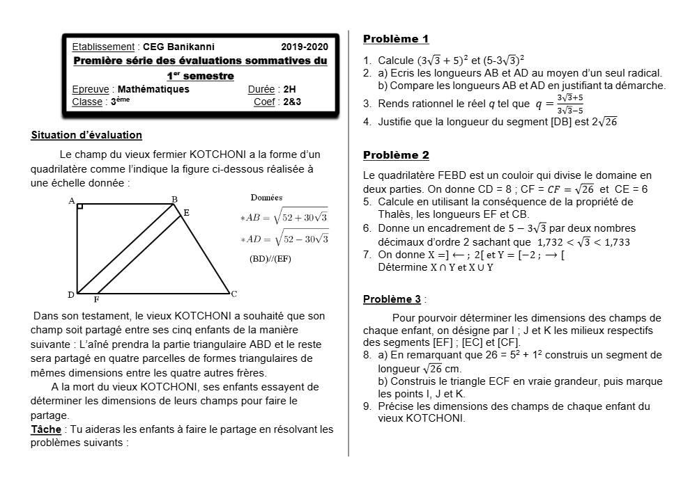 Aperçu de la première page — 3ème Mathématiques 1er Devoir 1er Semestre CEG Banikanni 2019 2020