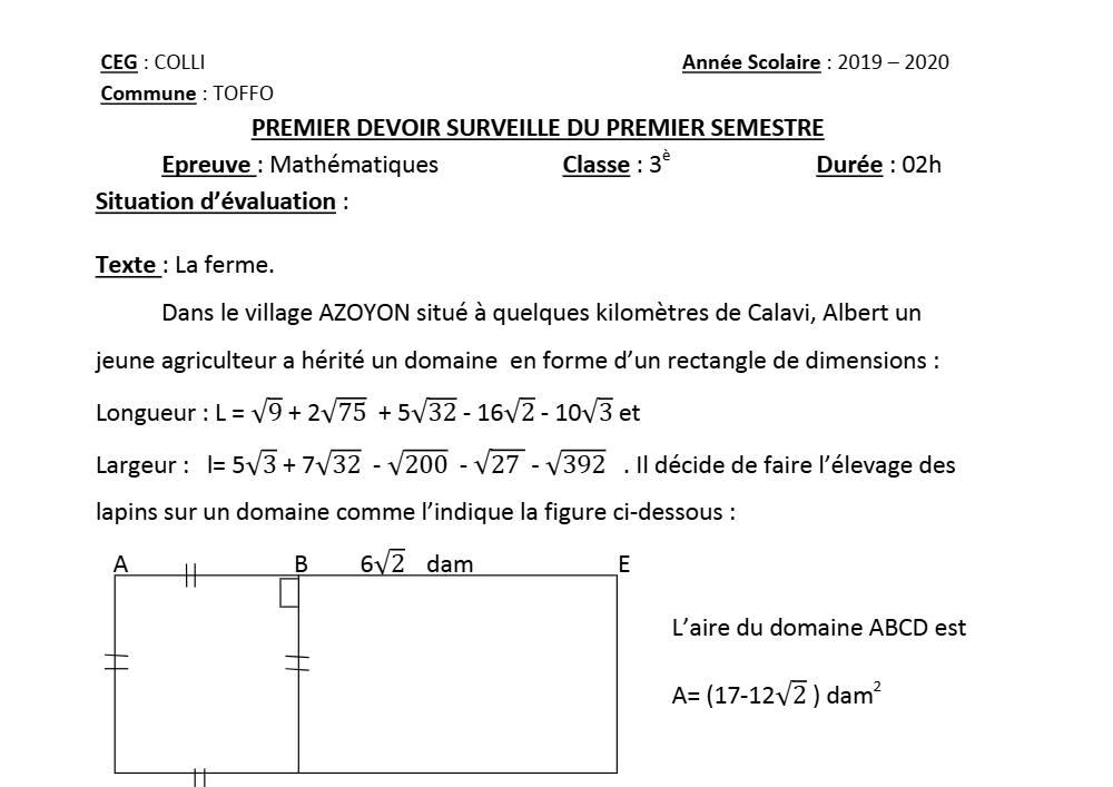 Aperçu de la première page — 3ème Mathématiques 1er Devoir 1er Semestre CEG Colli 2019 2020