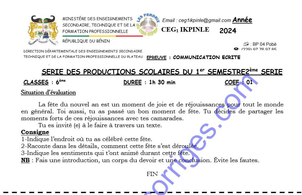 Aperçu de la première page — COMMUNICATION ECRITE 6EME 2EME DEVOIR DU 1ER SEMESTRE 2023 2024 CEG1 IKPINLE