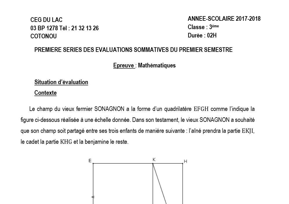 Aperçu de la première page — 3ème Mathématiques 1er Devoir 1er Semestre CEG du Lac 2020 2021