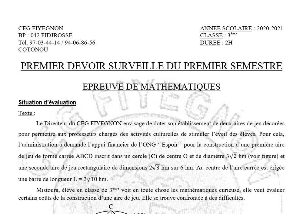 Aperçu de la première page — 3ème Mathématiques 1er Devoir 1er Semestre CEG Fiyegnon 2020 2021