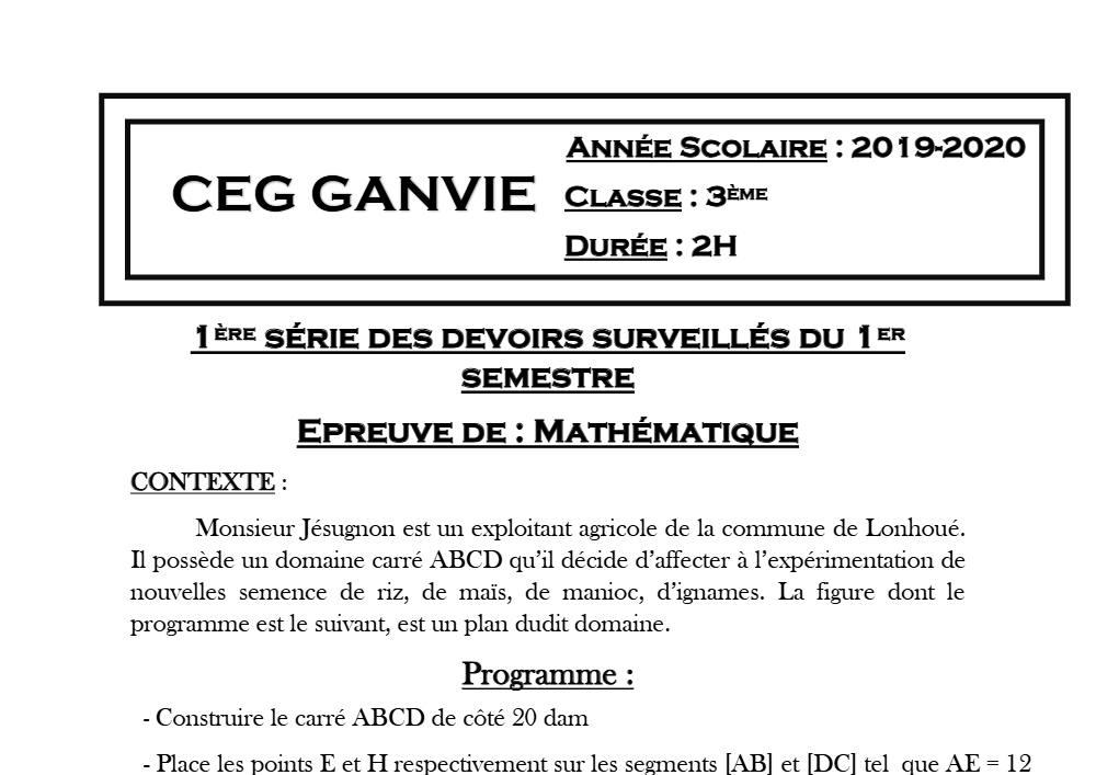 Aperçu de la première page — 3ème Mathématiques 1er Devoir 1er Semestre CEG Ganvie 2019 2020