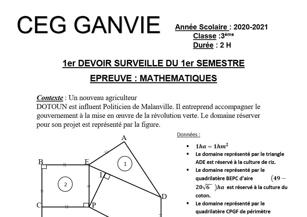 Aperçu de la première page — 3ème Mathématiques 1er Devoir 1er Semestre CEG Ganvie 2020 2021