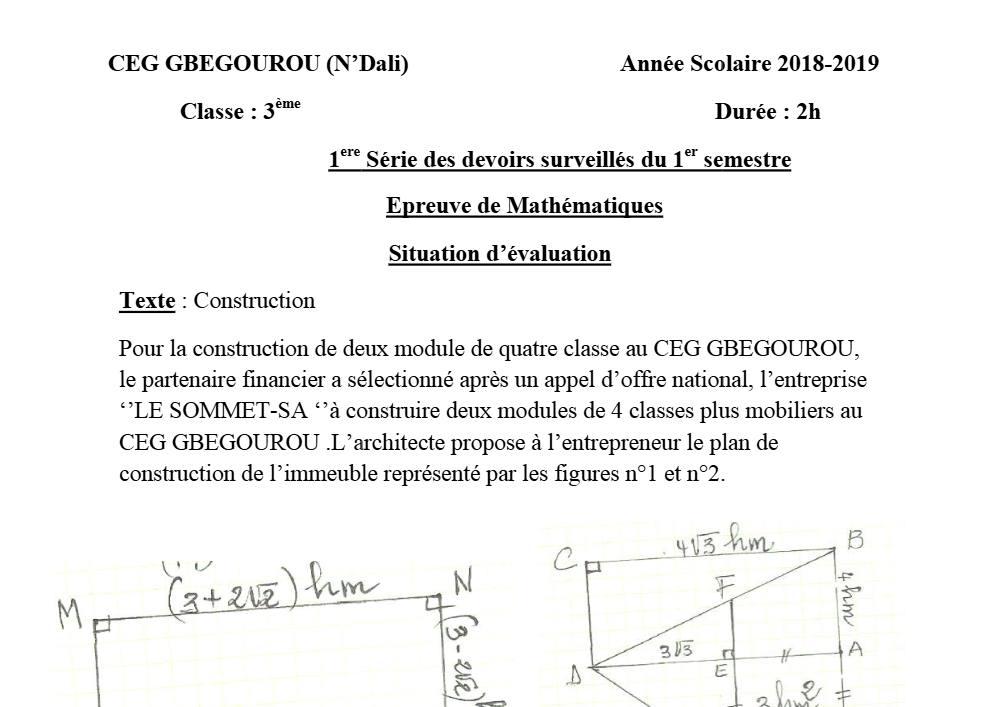 Aperçu de la première page — 3ème Mathématiques 1er Devoir 1er Semestre CEG Gbegourou 2018 2019