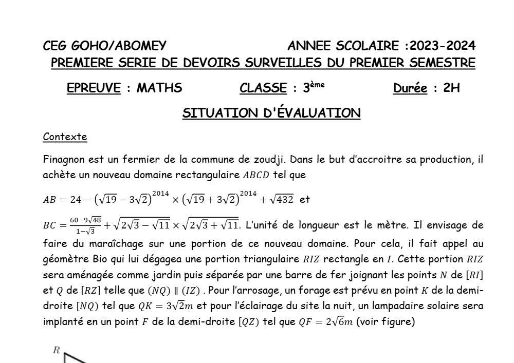 Aperçu de la première page — 3ème Mathématiques 1er Devoir 1er Semestre CEG Goho Abomey 2023 2024