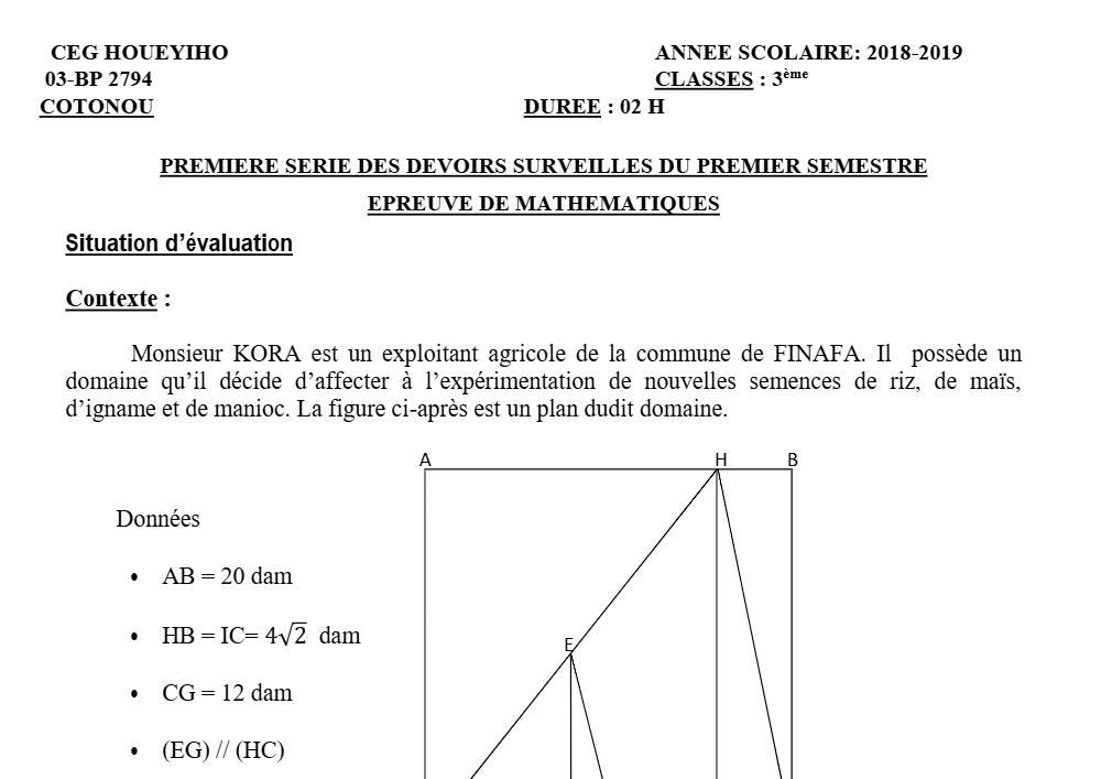 Aperçu de la première page — 3ème Mathématiques 1er Devoir 1er Semestre CEG Houéyiho 2018 2019