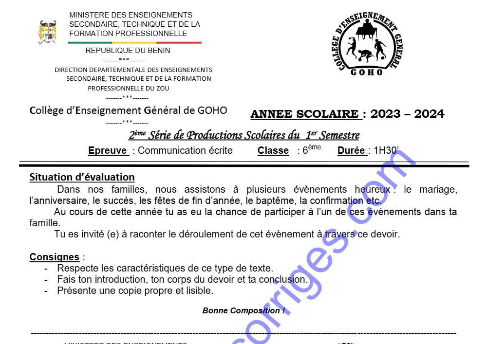 Aperçu de la première page — COMMUNICATION ECRITE 6EME 2EME DEVOIR DU 1ER SEMESTRE 2023 2024 CEG GOHO ABOMEY
