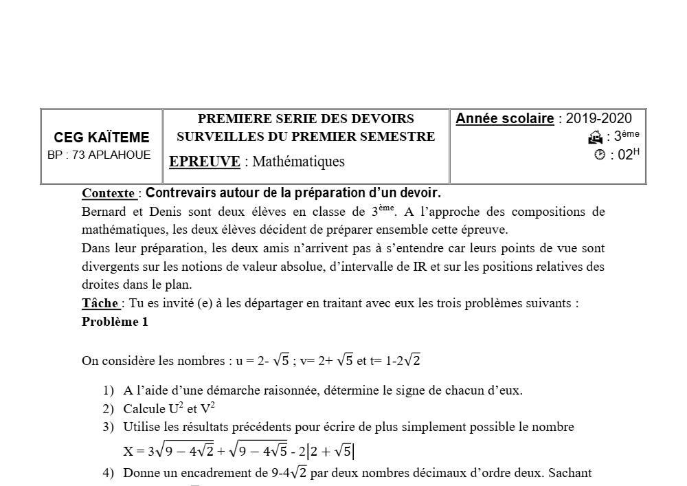 Aperçu de la première page — 3ème Mathématiques 1er Devoir 1er Semestre CEG Kaïteme 2019 2020