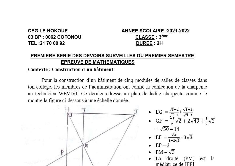 Aperçu de la première page — 3ème Mathématiques 1er Devoir 1er Semestre CEG Le Nokoué 2021 2022 (2)