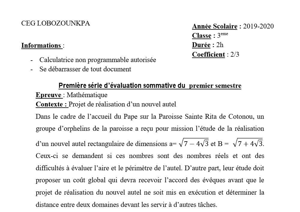Aperçu de la première page — 3ème Mathématiques 1er Devoir 1er Semestre CEG Lobozounkpa 2019 2020