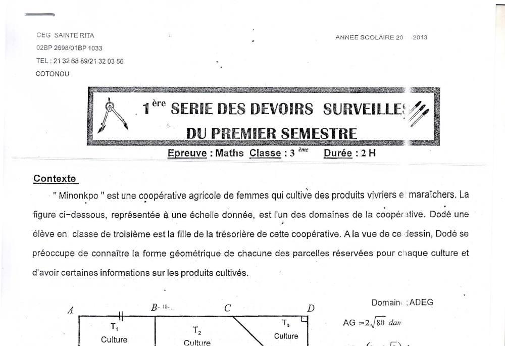 Aperçu de la première page — 3ème Mathématiques 1er Devoir 1er Semestre CEG Sainte Rita 2012 2013