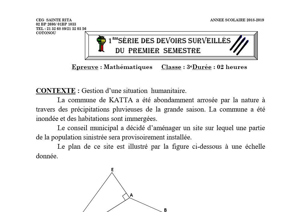 Aperçu de la première page — 3ème Mathématiques 1er Devoir 1er Semestre CEG Sainte Rita 2018 2019