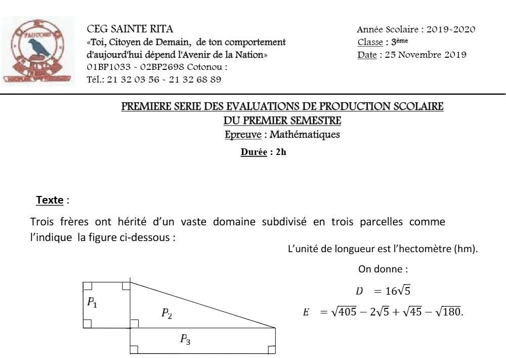 Aperçu de la première page — 3ème Mathématiques 1er Devoir 1er Semestre CEG Sainte Rita 2019 2020