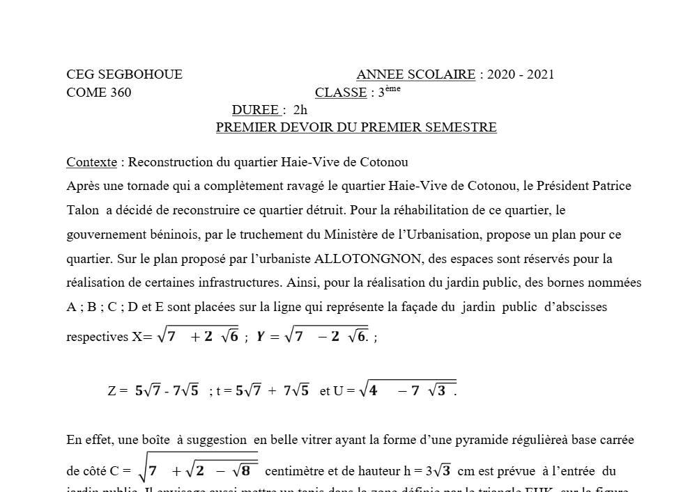 Aperçu de la première page — 3ème Mathématiques 1er Devoir 1er Semestre CEG Segbohoue 2020 2021
